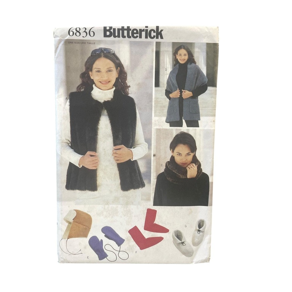 Butterick 6836 Sewing Pattern Women One Size Vest Hat Wrap Mittens Faux Fur DIY